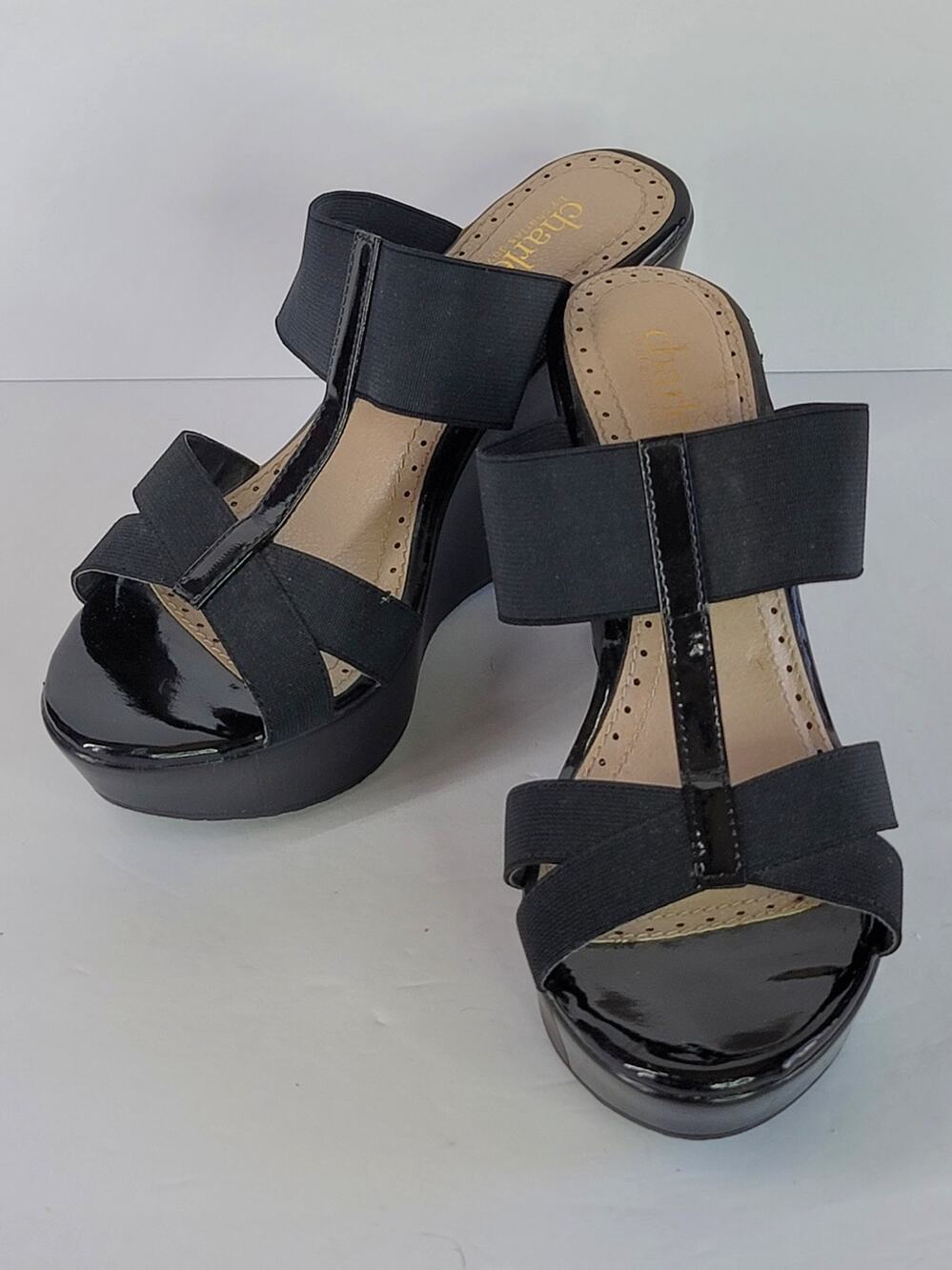 CHARLES by Charles David Black Elastic T-Strap Wedge Platform Shoes Size 7.5